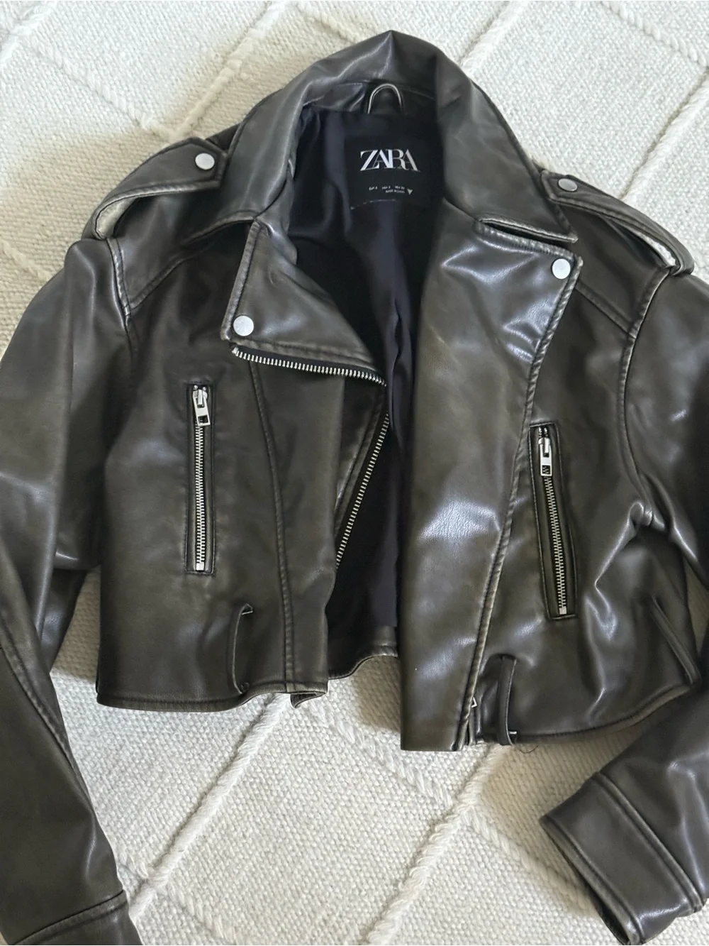 Zara Dark Brown Cropped Faux Leather Biker Jacket - Picture 2 of 4